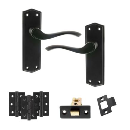 Old English Warwick Door Handle Pack (Latch Set - 2.5" CE Latch, 3" Fire Rated Hinges x3) - Matt Black