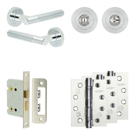 Complete Venice Door Handle Pack - Bathroom Lock (Standard Thumb Turn) - Polished Chrome - 76mm / 4-inch Hinges - JE-F6A3-PC