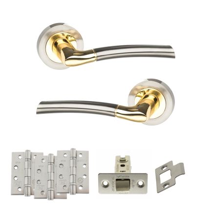 STATUS Indiana Door Handle Pack (Latch Set - 3" CE Latch, 4" Fire Rated Hinges x3) - Satin Nickel/Polished Brass