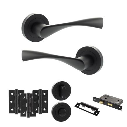 Eco Aqua Door Handle Pack (Bathroom Set - 2.5" CE Bathroom Lock, 3" Fire Rated Hinges x3) - Matt Black