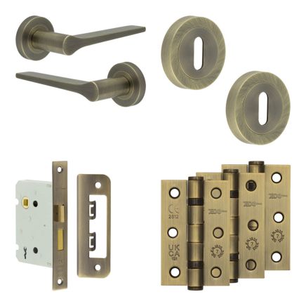 Complete Gio Door Handle Pack - Sashlock - Antique Brass - 76mm / 3-inch Hinges - JE-E8B8-AB