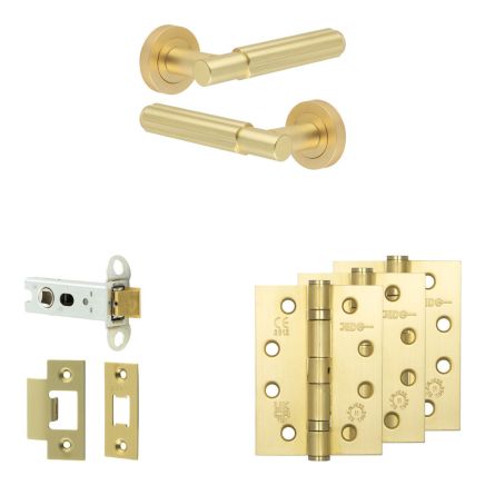 Complete Bloom Door Handle Pack - Heavy Duty Latch - Satin Brass - 76mm / 4-inch Hinges - JE-B21A-SB