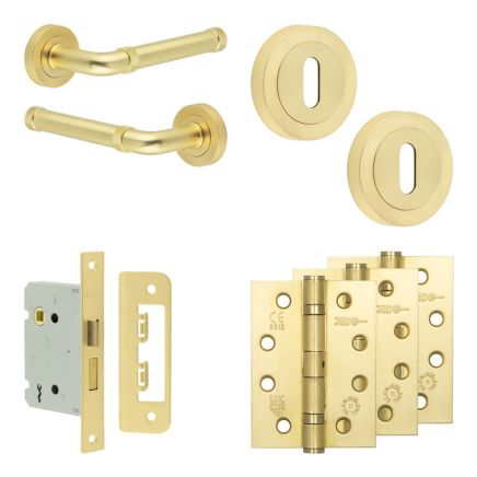Complete Midtown Door Handle Pack - Sashlock - Satin Brass - 76mm / 4-inch Hinges - JE-G8A8-SB