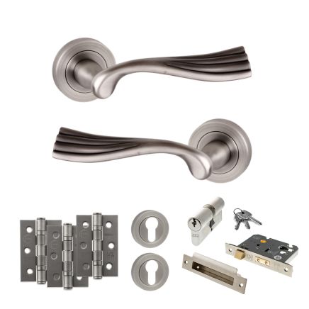 Old English Richmond Door Handle Pack (Euro Lock Set - 2.5" CE Sashlock, 3" Fire Rated Hinges x3) - Matt Gun Metal