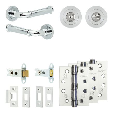 Complete Classic Door Handle Pack - Heavy Duty Tubular Bathroom (Standard Thumb Turn) - Polished Chrome - 64mm / 4-inch Hinges - JE-A30A3-PC