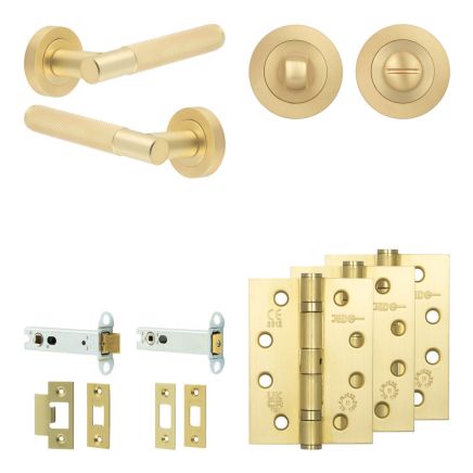 Complete Bari Door Handle Pack - Heavy Duty Tubular Bathroom (Standard Thumb Turn) - Satin Brass - 102mm / 4-inch Hinges - JE-D32A3-SB