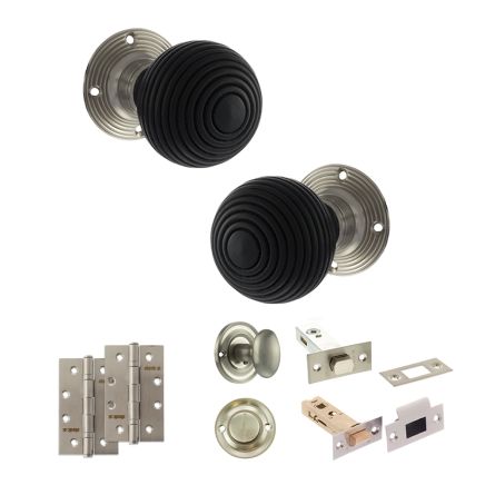 Old English Whitby Door Knob Pack (Bathroom Set - 3" Deadbolt, 4" Slim Knuckle Hinges x2) - Satin Nickel