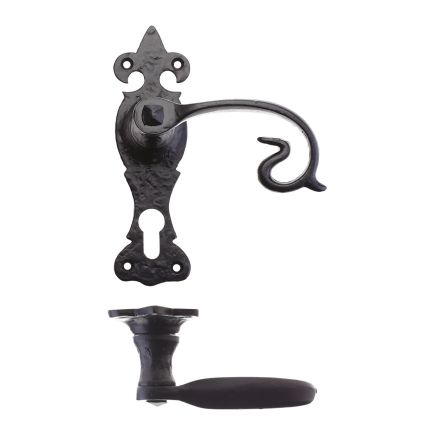 Zoo Hardware Scroll Lever on Fleur De Lys Backplate - 6" - Euro - Black