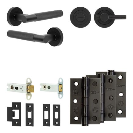 Complete Bari Door Handle Pack - Heavy Duty Tubular Bathroom (Knurled Thumb Turn) - Matt Black - 76mm / 3-inch Hinges - JE-D31B1-MB