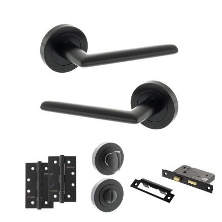 STATUS Alabama Door Handle Pack (Bathroom Set - 3" CE Bathroom Lock, 4" Slim Knuckle Hinges x2) - Matt Black