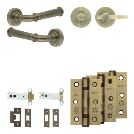 Complete Classic Door Handle Pack - Heavy Duty Tubular Bathroom (Plain Thumb Turn) - Antique Brass - 102mm / 3-inch Hinges - JE-A32B2-AB