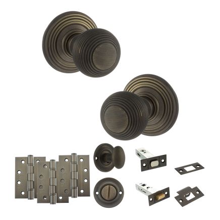 Old English Ripon Door Knob Pack (Bathroom Set - 3" Deadbolt, 4" Fire Rated Hinges x3) - Urban Bronze
