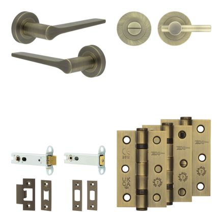 Complete Gio Door Handle Pack - Heavy Duty Tubular Bathroom (Plain Thumb Turn) - Antique Brass - 102mm / 3-inch Hinges - JE-E32B2-AB