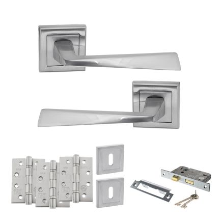 STATUS California Door Handle Pack (3 Lever Lock Set - 3" CE Sashlock, 4" Fire Rated Hinges x3) - Satin Chrome