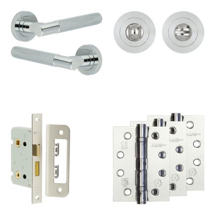 Complete Bari Door Handle Pack - Bathroom Lock (Standard Thumb Turn) - Polished Chrome - 65mm / 4-inch Hinges - JE-D5A3-PC