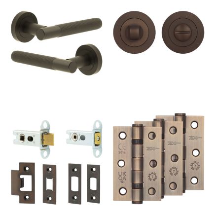 Complete Venice Door Handle Pack - Heavy Duty Tubular Bathroom (Standard Thumb Turn) - Dark Bronze - 64mm / 3-inch Hinges - JE-F30B3-DB