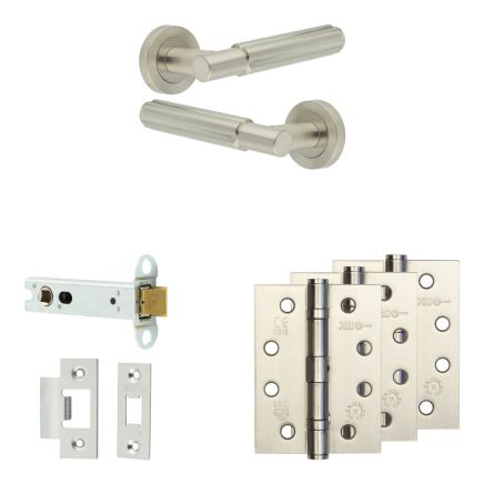 Complete Bloom Door Handle Pack - Heavy Duty Latch - Satin Nickel - 102mm / 4-inch Hinges - JE-B22A-SN