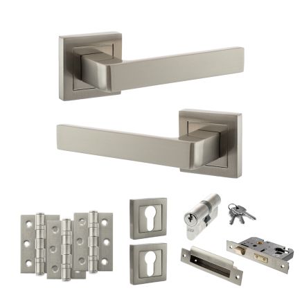 STATUS Montana Door Handle Pack (Euro Lock Set - 2.5" CE Sashlock, 3" Fire Rated Hinges x3) - Satin Nickel