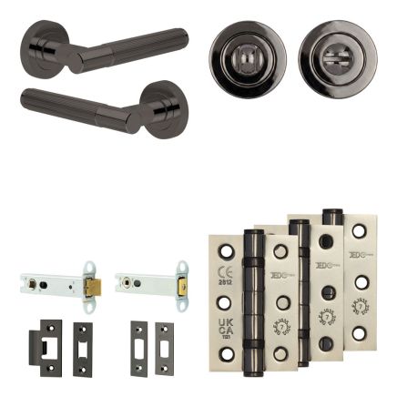 Complete Venice Door Handle Pack - Heavy Duty Tubular Bathroom (Standard Thumb Turn) - Black Nickel - 102mm / 3-inch Hinges - JE-F32B3-BN