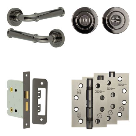 Complete Classic Door Handle Pack - Bathroom Lock (Standard Thumb Turn) - Black Nickel - 76mm / 4-inch Hinges - JE-A6A3-BN