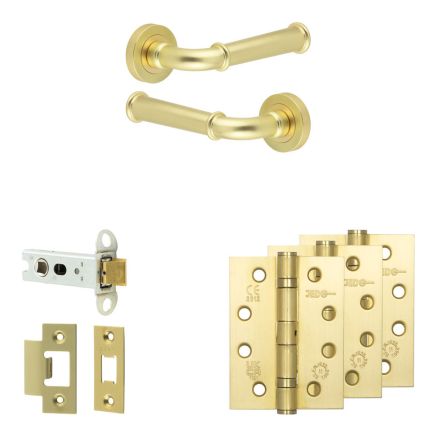 Complete Classic Door Handle Pack - Heavy Duty Latch - Satin Brass - 76mm / 4-inch Hinges - JE-A21A-SB