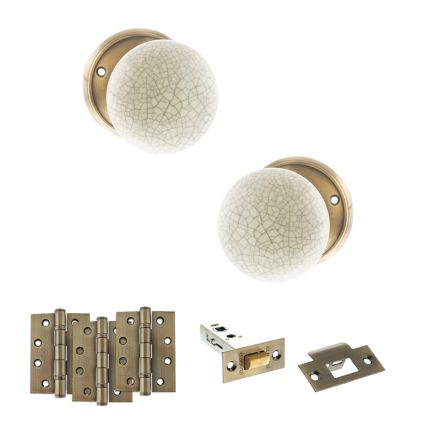 Old English Skipton Door Knob Pack (Latch Set - 3" HD Latch, 4" Fire Rated Hinges x3) - Antique Brass