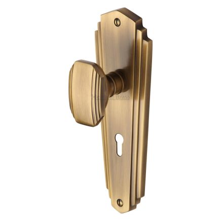 Heritage Brass Mortice Knob on Lock Plate Charlston Design Antique Brass finish