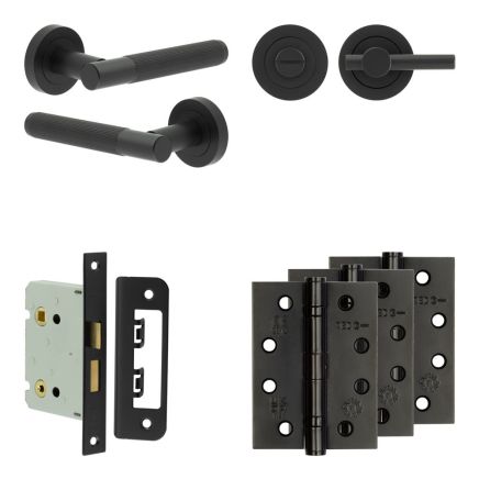 Complete Venice Door Handle Pack - Bathroom Lock (Plain Thumb Turn) - Matt Black - 76mm / 4-inch Hinges - JE-F6A2-MB
