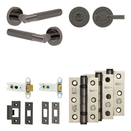 Complete Bari Door Handle Pack - Heavy Duty Tubular Bathroom (Knurled Thumb Turn) - Black Nickel - 76mm / 3-inch Hinges - JE-D31B1-BN