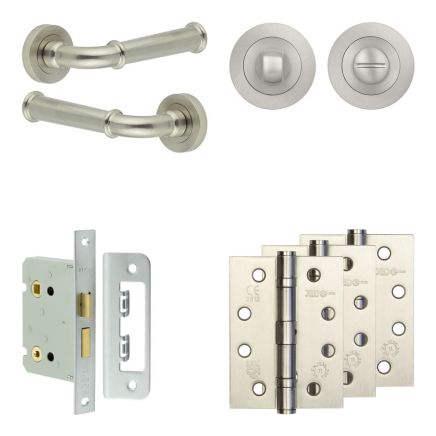 Complete Classic Door Handle Pack - Bathroom Lock (Standard Thumb Turn) - Satin Nickel - 76mm / 4-inch Hinges - JE-A6A3-SN