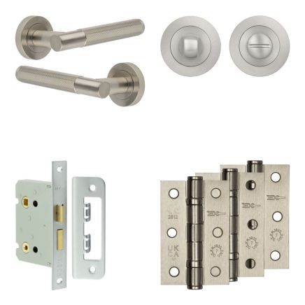 Complete Bari Door Handle Pack - Bathroom Lock (Standard Thumb Turn) - Satin Nickel - 76mm / 3-inch Hinges - JE-D6B3-SN
