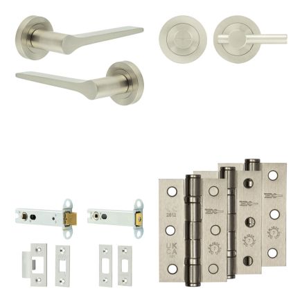 Complete Gio Door Handle Pack - Heavy Duty Tubular Bathroom (Plain Thumb Turn) - Satin Nickel - 102mm / 3-inch Hinges - JE-E32B2-SN