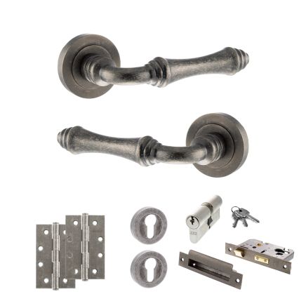 Old English Durham Door Handle Pack (Euro Lock Set - 2.5" CE Sashlock, 4" Slim Knuckle Hinges x2) - Distressed Silver