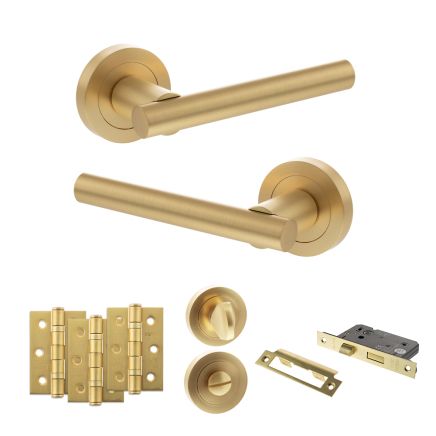 STATUS Nebraska Door Handle Pack (Bathroom Set - 2.5" CE Bathroom Lock, 3" Fire Rated Hinges x3) - Satin Brass