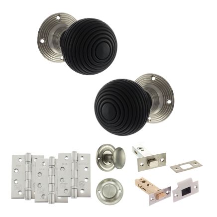 Old English Whitby Door Knob Pack (Bathroom Set - 3" Deadbolt, 4" Fire Rated Hinges x3) - Satin Nickel