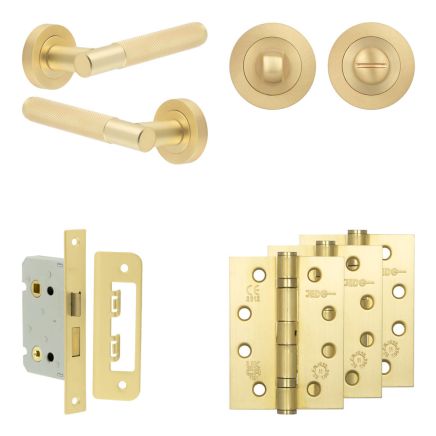 Complete Bari Door Handle Pack - Bathroom Lock (Standard Thumb Turn) - Satin Brass - 65mm / 4-inch Hinges - JE-D5A3-SB