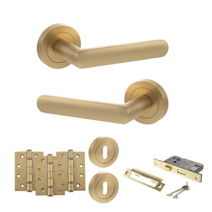 STATUS Carolina Door Handle Pack (3 Lever Lock Set - 3" CE Sashlock, 4" Fire Rated Hinges x3) - Satin Brass