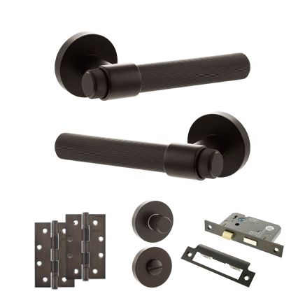 Senza Pari Fasana Door Handle Pack (Bathroom Set - 3" CE Bathroom Lock, 4" Slim Knuckle Hinges x2) - Urban Dark Bronze