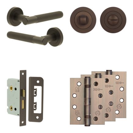 Complete Venice Door Handle Pack - Bathroom Lock (Standard Thumb Turn) - Dark Bronze - 65mm / 4-inch Hinges - JE-F5A3-DB