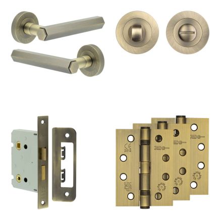 Complete Hex Door Handle Pack - Bathroom Lock (Standard Thumb Turn) - Antique Brass - 76mm / 4-inch Hinges - JE-C6A3-AB