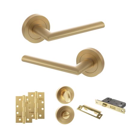 STATUS Alabama Door Handle Pack (Bathroom Set - 3" CE Bathroom Lock, 4" Slim Knuckle Hinges x2) - Satin Brass