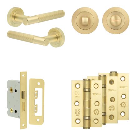 Complete Venice Door Handle Pack - Bathroom Lock (Standard Thumb Turn) - Satin Brass - 65mm / 3-inch Hinges - JE-F5B3-SB