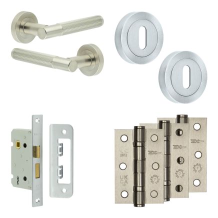Complete Venice Door Handle Pack - Sashlock - Satin Nickel - 65mm / 3-inch Hinges - JE-F7B8-SN