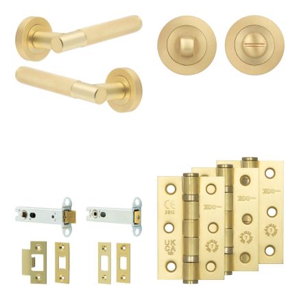 Complete Bari Door Handle Pack - Heavy Duty Tubular Bathroom (Standard Thumb Turn) - Satin Brass - 102mm / 3-inch Hinges - JE-D32B3-SB
