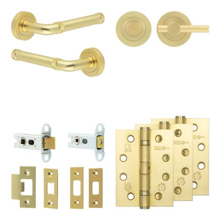 Complete Midtown Door Handle Pack - Heavy Duty Tubular Bathroom (Knurled Thumb Turn) - Satin Brass - 64mm / 4-inch Hinges - JE-G30A1-SB