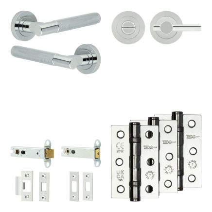 Complete Bari Door Handle Pack - Heavy Duty Tubular Bathroom (Plain Thumb Turn) - Polished Chrome - 102mm / 3-inch Hinges - JE-D32B2-PC
