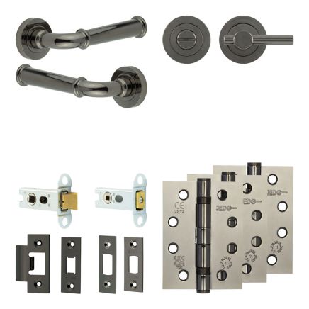 Complete Classic Door Handle Pack - Heavy Duty Tubular Bathroom (Plain Thumb Turn) - Black Nickel - 64mm / 4-inch Hinges - JE-A30A2-BN