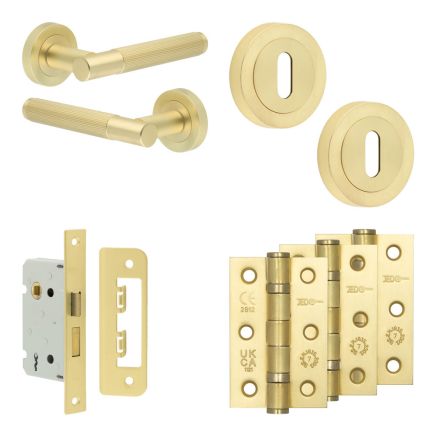 Complete Venice Door Handle Pack - Sashlock - Satin Brass - 65mm / 3-inch Hinges - JE-F7B8-SB
