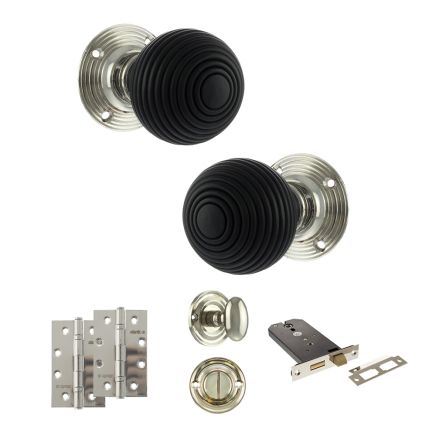 Old English Whitby Door Knob Pack (Lock Set - Horizontal Bathlock, 4" Slim Knuckle Hinges x2) - Polished Nickel