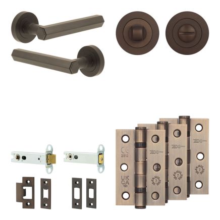 Complete Hex Door Handle Pack - Heavy Duty Tubular Bathroom (Standard Thumb Turn) - Dark Bronze - 102mm / 3-inch Hinges - JE-C32B3-DB